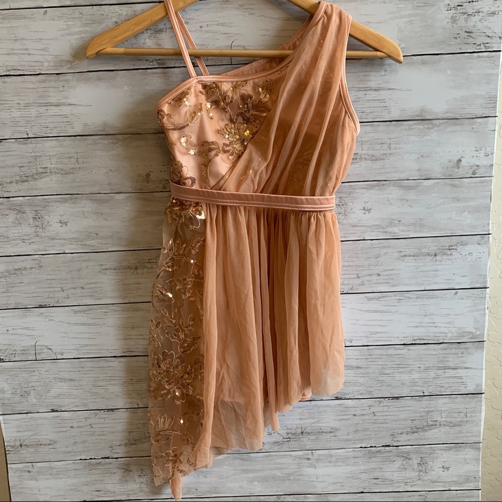 Weismann’s Dance Costume. Muted pink, lyrical, asymmetrical. Child medium